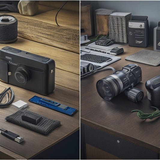 A split-screen image featuring a cluttered desk with dead batteries and tangled cords on one side, and a tidy workspace with a organized battery station and a few sleek, modern battery packs on the other.