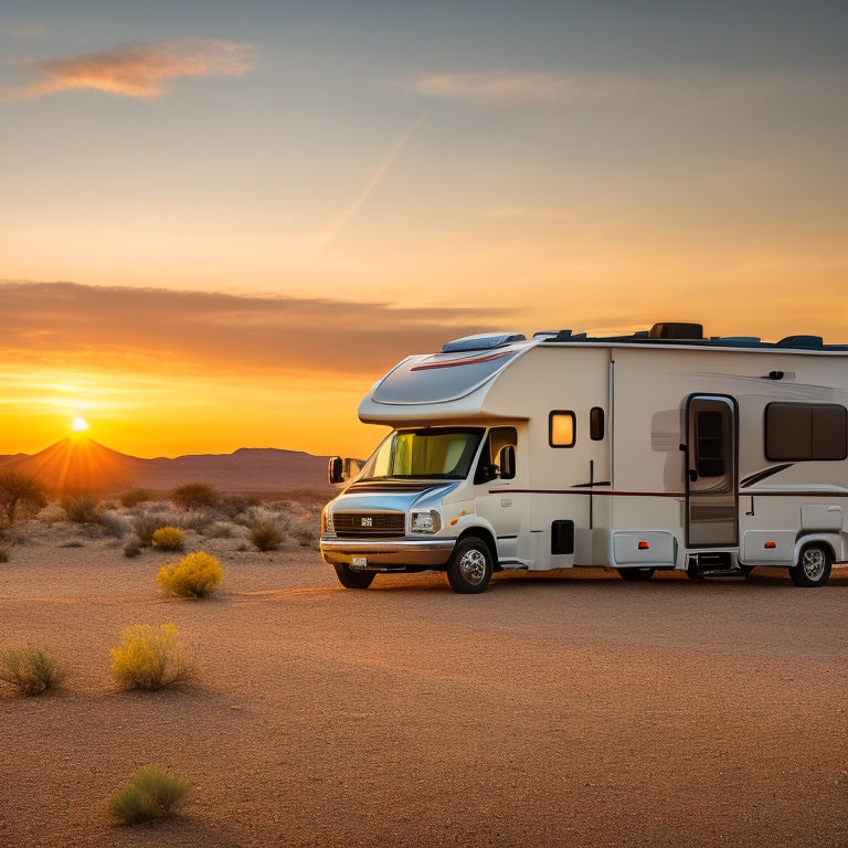 A serene RV parked in a desert landscape at sunset, with a roof-mounted solar panel array and a sleek, curved battery bank visible through a rear window.