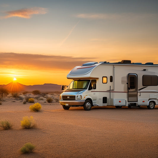 A serene RV parked in a desert landscape at sunset, with a roof-mounted solar panel array and a sleek, curved battery bank visible through a rear window.