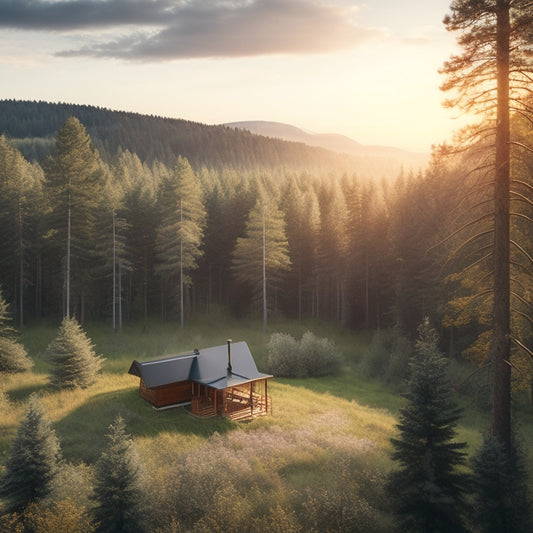 A serene forest landscape with a cozy cabin in the distance, surrounded by tall trees, featuring a roof-mounted solar panel array and a wind turbine spinning lazily in the breeze.