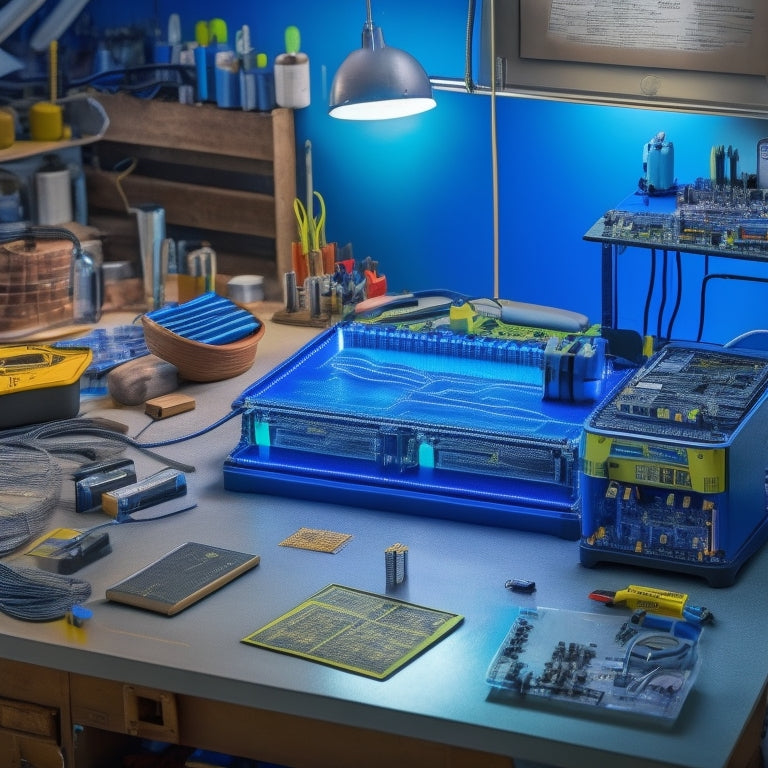 A futuristic, DIY workbench scene with a half-assembled energy storage system, featuring a mix of batteries, wires, circuit boards, and tools, surrounded by diagrams and blueprints in the background.