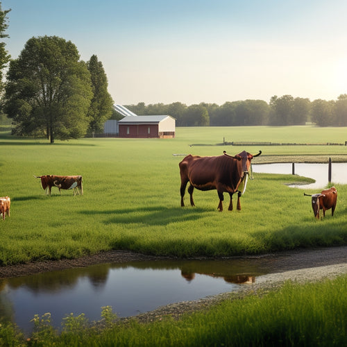 A serene rural landscape with a solar panel array in the foreground, a windmill in the distance, and a water pump system surrounded by lush greenery and a few cattle grazing nearby.