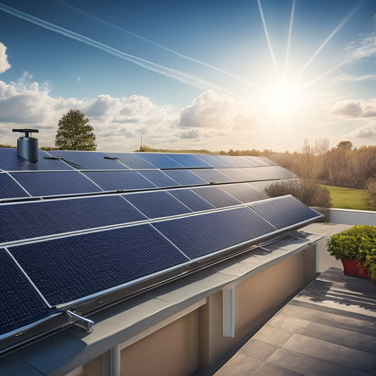 A photorealistic image of a modern residential rooftop with sleek, silver solar panels mounted at a 30-degree angle, secured by sleek black clamps and rails, against a clear blue sky.