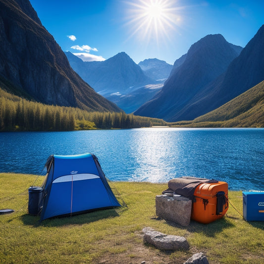 A vibrant outdoor scene showcasing a solar-powered battery pack charging under sunlight, surrounded by rugged mountains, a serene lake, and camping gear, with a clear blue sky and lush greenery in the background.