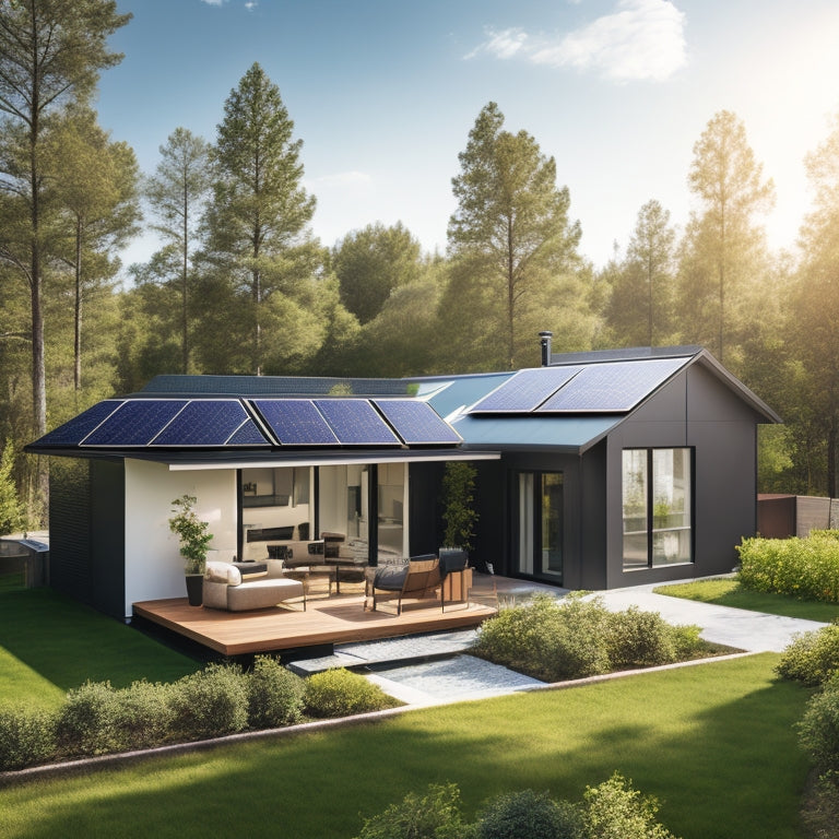 A modern home's backyard with a sleek, black solar panel array on the roof, connected to a compact, white battery storage unit, surrounded by lush greenery and a sunny blue sky.