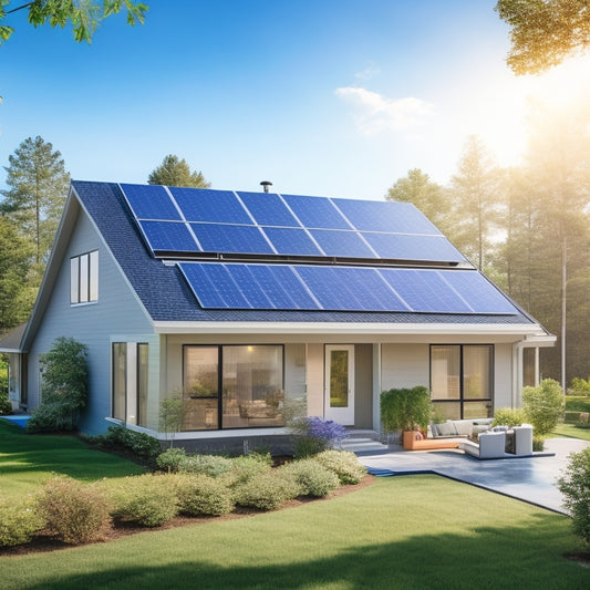 A serene suburban home with a sleek, modern solar panel array on the roof, surrounded by lush greenery and a bright blue sky with a few wispy clouds.