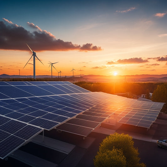 A dynamic urban landscape illustrating solar panels atop rooftops, intertwined with power lines and energy storage units, amidst a backdrop of a sunset, showcasing the complexity of integrating renewable energy into the grid.