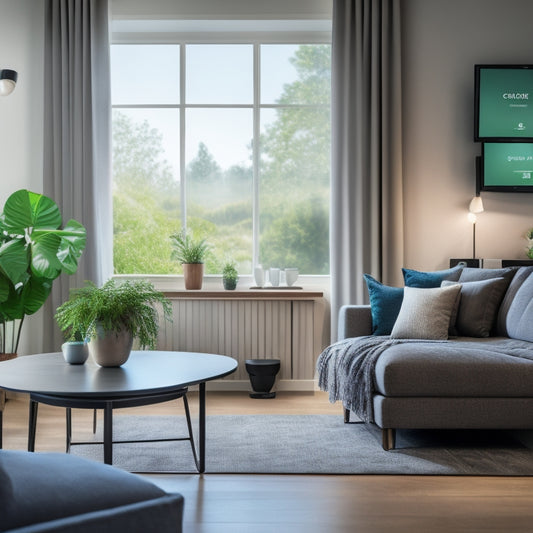 A modern living room with a tablet displaying a smart home dashboard, surrounded by automated curtains, a thermostat, and a smart plug, amidst a calming atmosphere with soft lighting and lush greenery.