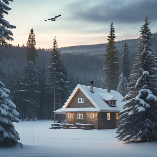 A serene, snow-covered cottage surrounded by evergreen trees, with a sleek, silver wind turbine in the distance and a subtle, glowing warmth emanating from the cottage's windows.