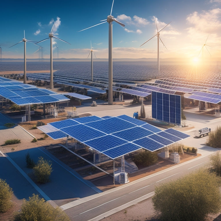 A futuristic illustration of a solar power grid system, featuring a sprawling network of interconnected panels, sleek inverter units, and transmission lines radiating from a central hub.