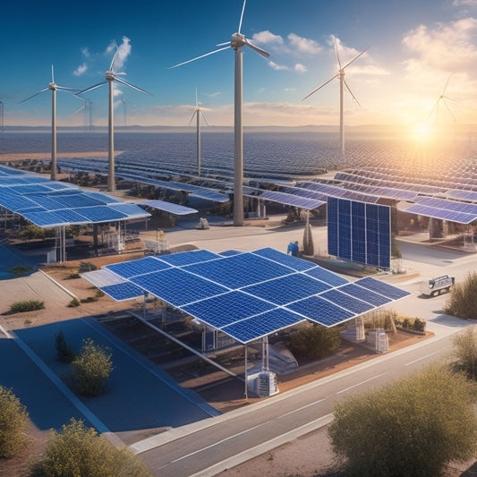 A futuristic illustration of a solar power grid system, featuring a sprawling network of interconnected panels, sleek inverter units, and transmission lines radiating from a central hub.