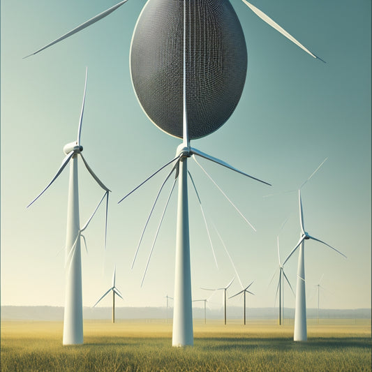 A stylized illustration featuring a minimalist, modern wind turbine surrounded by flowing lines and shapes, blending seamlessly into a subtle grid of interconnected nodes and circuits.