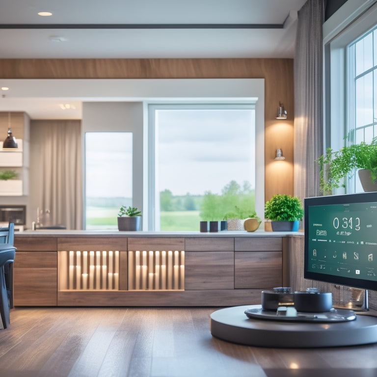 A modern home interior with a tablet displaying a dashboard of real-time energy usage data, surrounded by various smart devices and a smart thermostat, amidst a subtle green glow.