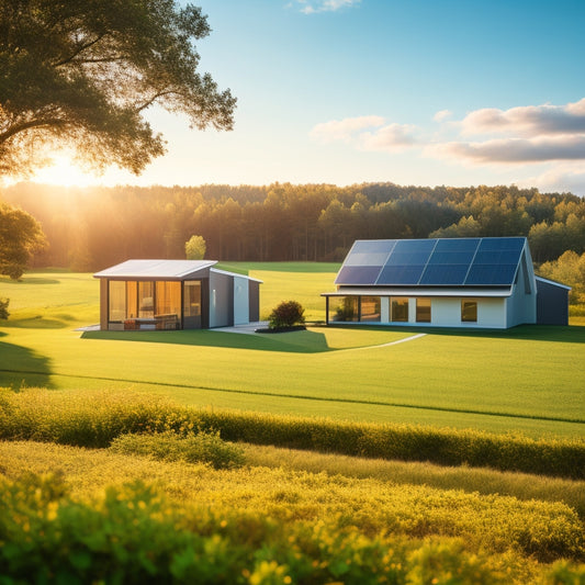 A serene, sun-drenched landscape with a modern, sustainable home in the distance, surrounded by a lush green meadow, featuring a sleek, black solar panel array and a sleek, silver battery bank.