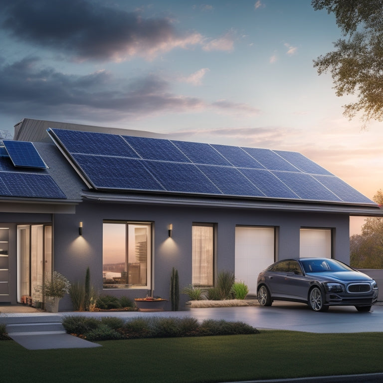 An illustration of a modern home with solar panels on the roof, a battery backup system in the garage, and a cityscape in the background with a subtle grid outage.