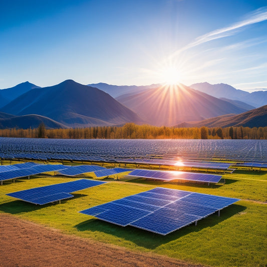 A vibrant solar farm under a clear blue sky, showcasing solar panels with optimizers, interconnected wiring, and lush green surroundings. A distant mountain range adds depth, symbolizing the harmony of technology and nature in renewable energy.
