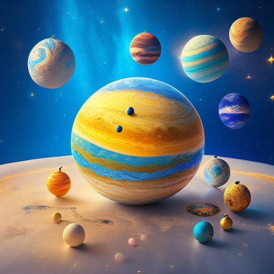 A stylized illustration of a DIY solar system model, featuring hand-painted planets with varied textures and colors, orbiting around a bright, glowing sun, surrounded by twinkling stars and a subtle galaxy background.