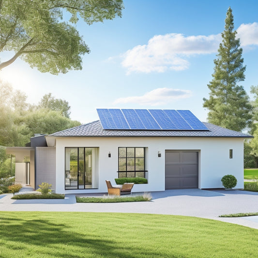 A serene, modern home with solar panels on the roof, a battery storage unit in the garage, and a lush green backyard with a few trees, set against a bright blue sky with fluffy white clouds.