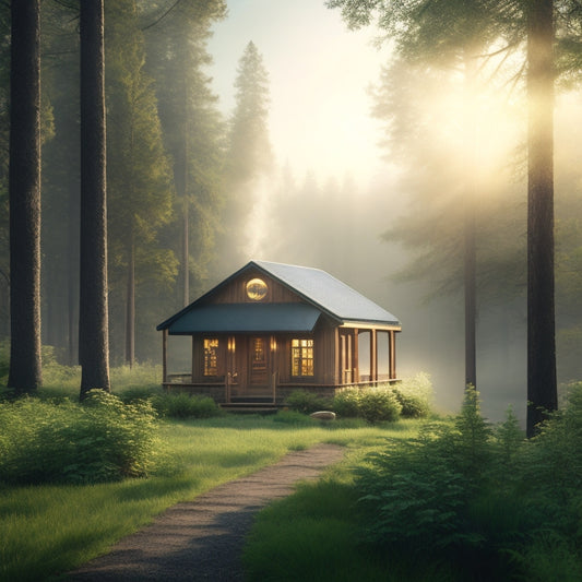 A serene cabin surrounded by lush green trees, with solar panels angled on the roof, reflecting the sun's warm rays, amidst a misty morning atmosphere with a few birds flying in the distance.