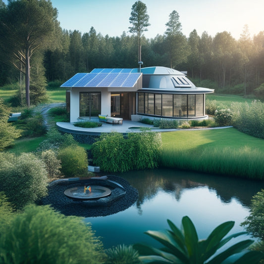 A serene, modern home surrounded by lush greenery, with a rooftop covered in solar panels, a wind turbine spinning in the distance, and a small, serene water feature harnessing hydro power.