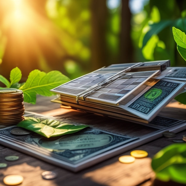 A close-up of a mini solar panel on a wooden table, surrounded by dollar bills and coins, with sunlight filtering through green leaves in the background, creating a warm, inviting atmosphere.