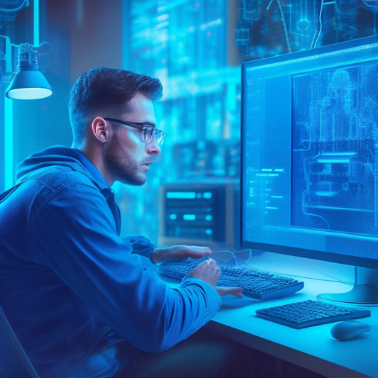 A futuristic illustration of a person sitting in front of a computer, surrounded by gears, circuits, and wires, with a glowing blue network of connections emanating from the screen.