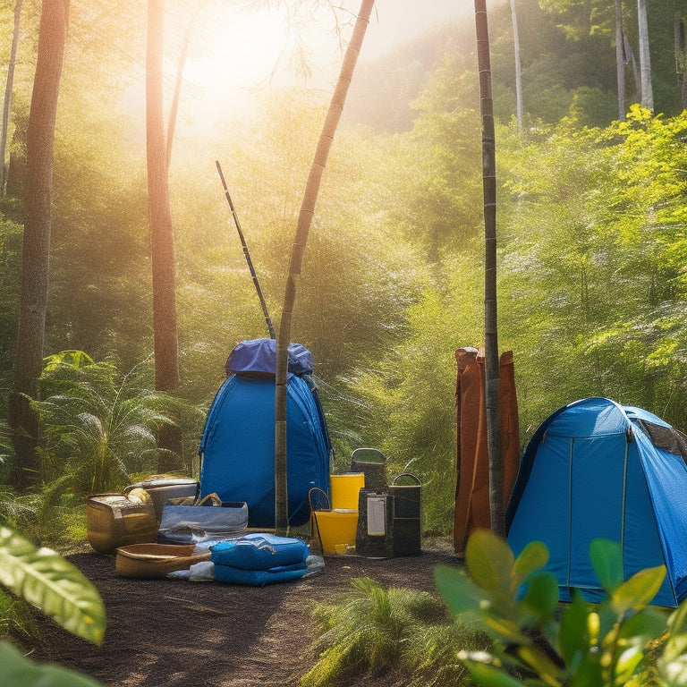 A vibrant forest scene showcasing sustainable outdoor products: bamboo hiking poles, recycled fabric tents, and biodegradable backpacks, surrounded by lush greenery, sunlight filtering through leaves, and a clear blue sky above.