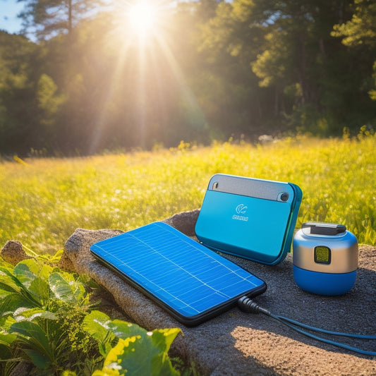 A serene outdoor scene featuring a portable solar panel charging a sleek, compact power bank, surrounded by lush greenery and a few scattered hiking accessories, under a bright blue sky.