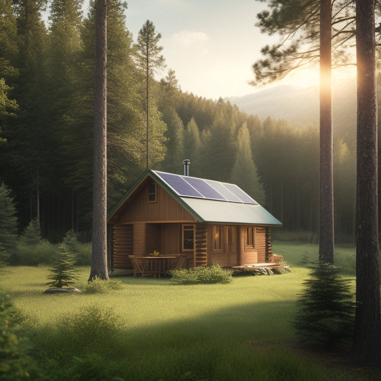 A serene, secluded cabin surrounded by towering trees, with a subtle solar panel array on the roof, a wind turbine in the distance, and a battery bank visible through a window.