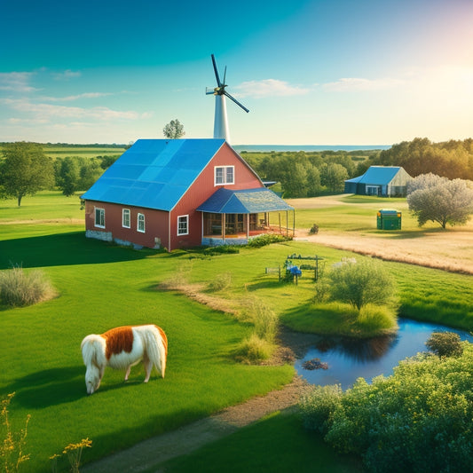 A serene rural homestead with a windmill, solar panels, and a self-sufficient water well system, surrounded by lush greenery and a few grazing animals, under a clear blue sky.