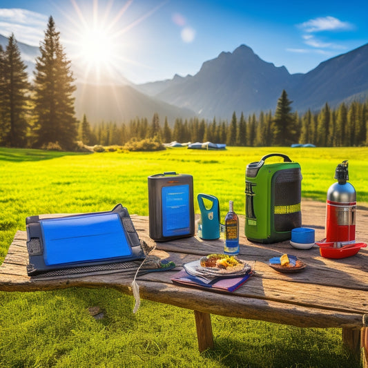 A vibrant campsite scene featuring various outdoor solar chargers on a picnic table, surrounded by hiking gear, a tent, and a scenic backdrop of mountains and trees, illuminated by warm sunlight.