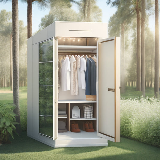 A serene, minimalist illustration of a portable closet with solar panels on the roof, surrounded by lush greenery, with a few neatly organized clothing items and accessories inside, lit by soft, warm sunlight.