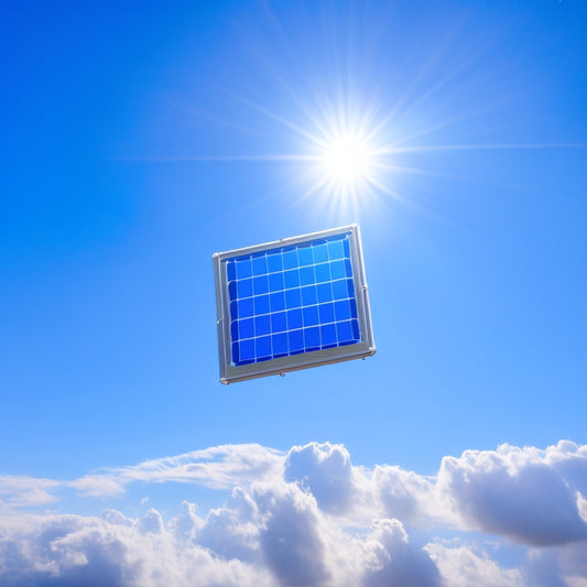 A miniature solar panel, approximately 1 inch square, with 8-10 tiny photovoltaic cells, mounted on a small, sleek, silver metal frame, set against a bright blue sky with fluffy white clouds.