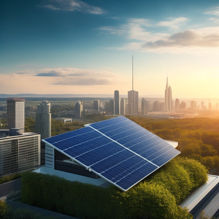 A futuristic illustration of a rooftop solar panel array connected to a sleek, silver battery storage unit, surrounded by greenery, with a subtle cityscape in the background.