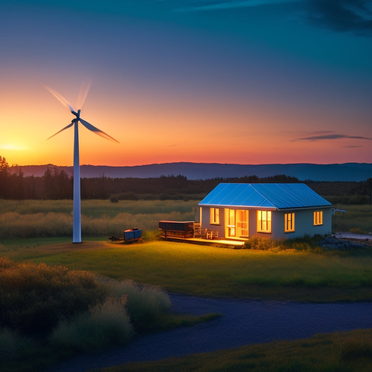 A serene off-grid landscape at dusk, featuring a small cabin surrounded by solar panels, a wind turbine, and a battery bank, with a subtle glowing LED light in the background.