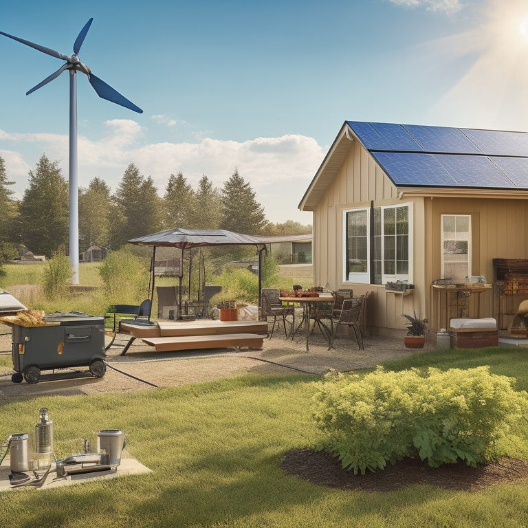 A sunny backyard with a DIY solar panel array on a wooden roof, a small wind turbine spinning in the distance, and a toolbox filled with cables and wrenches in the foreground.