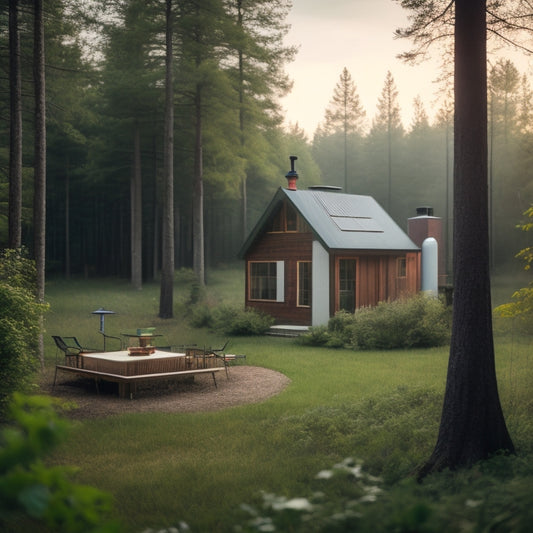 A serene backyard scene with a small, eco-friendly cabin surrounded by lush greenery, solar panels on the roof, and a wind turbine in the distance, with a faint mist rising from the forest.