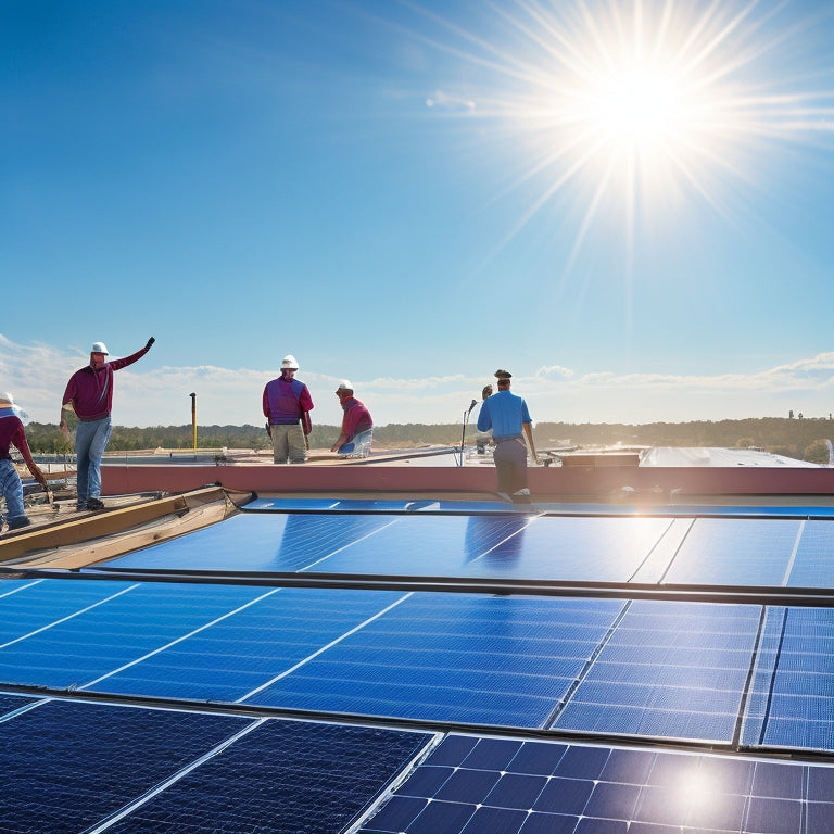 A clean, modern rooftop with solar panels being installed, showing a diverse team of technicians working together, tools scattered around, and a bright blue sky overhead, symbolizing sustainability and teamwork in action.
