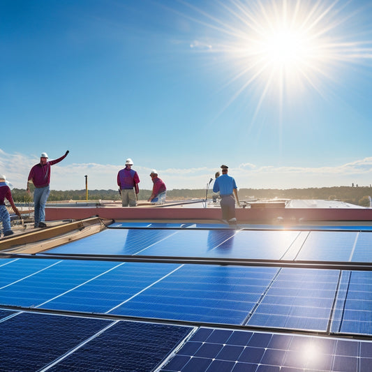 A clean, modern rooftop with solar panels being installed, showing a diverse team of technicians working together, tools scattered around, and a bright blue sky overhead, symbolizing sustainability and teamwork in action.