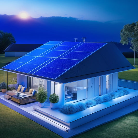 A modern, sleek, and futuristic illustration of a house with a solar panel roof, surrounded by various battery storage systems of different shapes and sizes, with glowing blue lines connecting them.