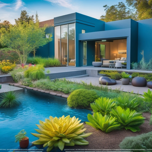 A modern home showcasing a greywater recycling system, featuring sleek pipes, a filtration unit, and lush gardens, with water droplets glistening on vibrant plants, illustrating both costs and savings through visual contrasts.