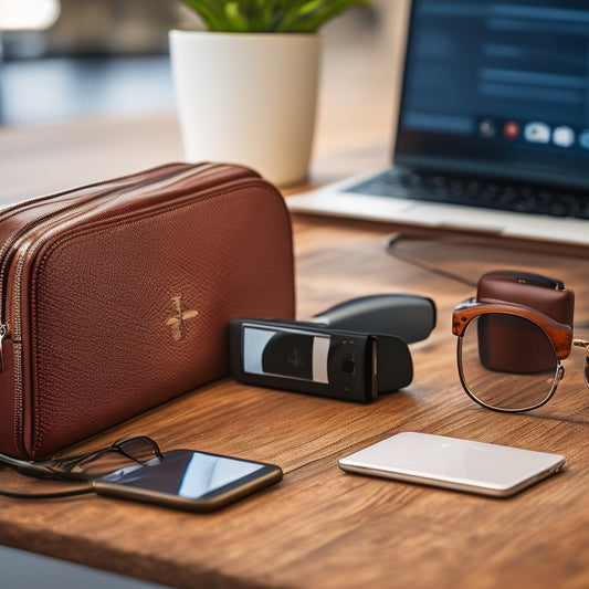 A stylish travel scene featuring various sleek mobile chargers on a wooden table beside a passport, sunglasses, and an open map, with a blurred background of an airport terminal bustling with travelers.