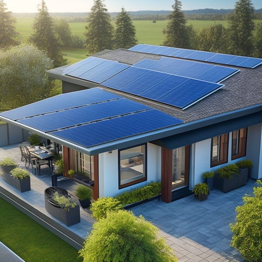 A photorealistic image depicting a residential rooftop with a sleek, black solar panel system installed, featuring 12 panels, a silver inverter, and a clutter-free roof layout.