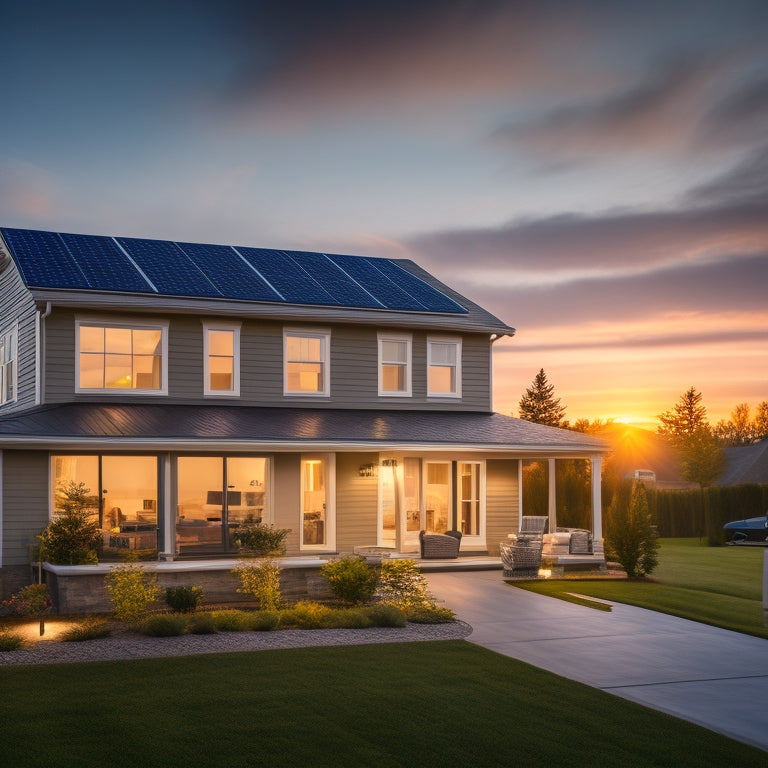 A serene suburban home at sunset with a roof covered in sleek solar panels, a compact battery backup system installed on the exterior wall, and a few windows lit up softly from inside.