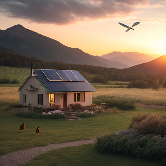 A serene, off-grid homestead at sunset with a small wind turbine and solar panels on the roof, surrounded by lush greenery and a distant mountain range, with a few birds flying overhead.