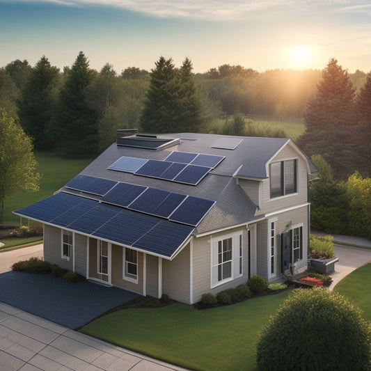A serene suburban rooftop with a sleek, black solar panel array installed at a 30-degree angle, casting a slight shadow on the roof's weathered asphalt shingles.