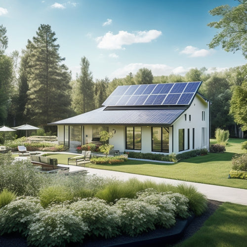 A serene backyard with a modern, sleek home, solar panels on the roof, and a discreetly installed home battery system, surrounded by lush greenery and a sunny sky with fluffy white clouds.