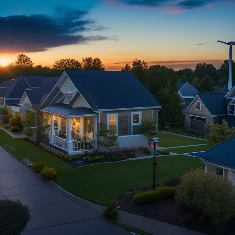 A serene suburban neighborhood at dusk, with solar panels and wind turbines integrated into rooftops, surrounded by lush greenery and a bright blue sky with a few puffy white clouds.