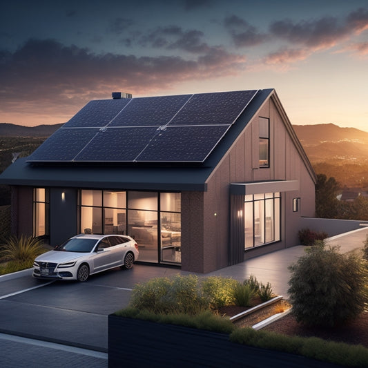 An illustration of a modern home with solar panels on the rooftop, a sleek battery backup system in the garage, and a cityscape in the background with a subtle blackout scene.