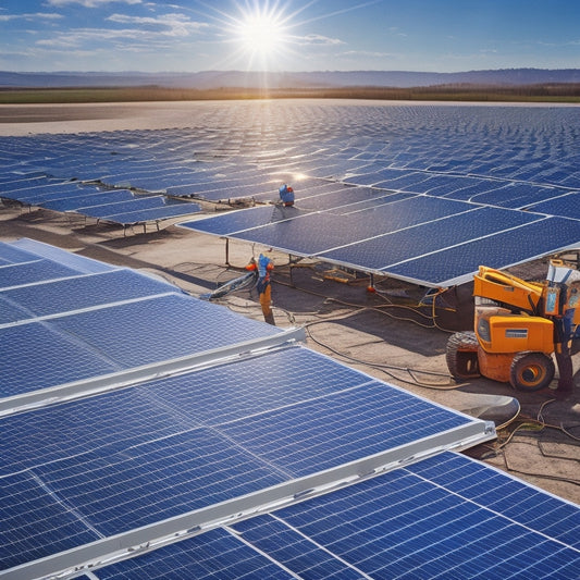 A high-angle shot of a rooftop solar array installation in progress: workers in bright vests and hard hats, surrounded by rows of sleek black panels and tangled wires, against a clear blue sky.
